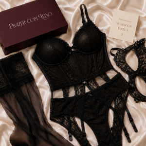 Kit Body rendado preto com meia