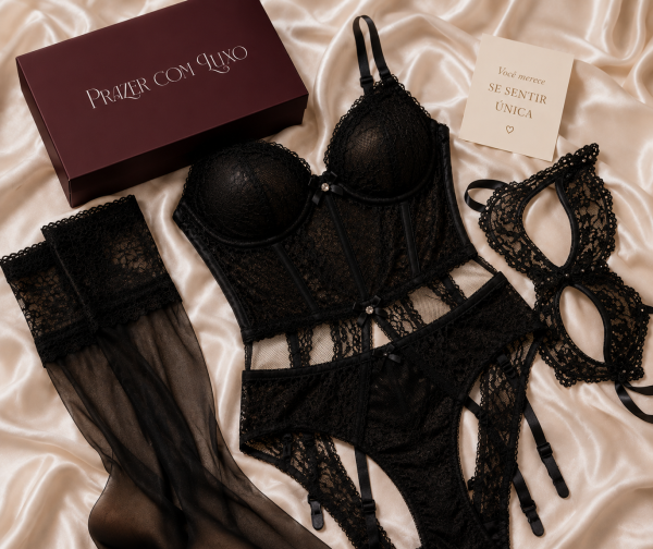 Kit Body rendado preto com meia